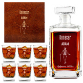 Karafka i 6 szklanek w drewnianej skrzynce z grawerem DLA KONESERA WHISKY