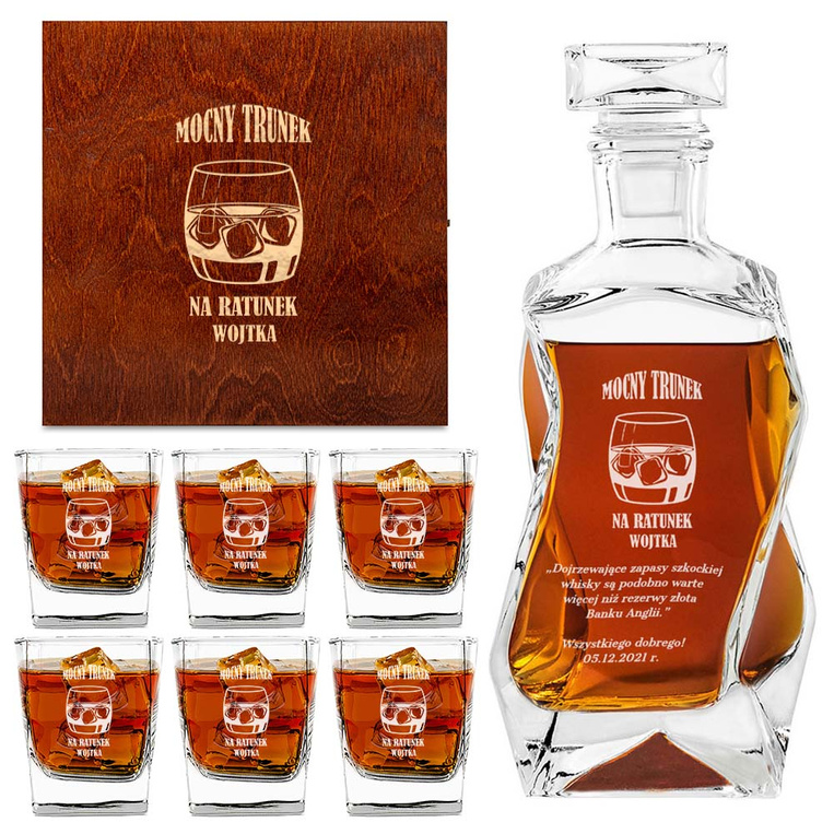 Karafka łamana i 6 szklanek + drewniana skrzynka GRAWER NA WSZYSTKICH ELEMENTACH