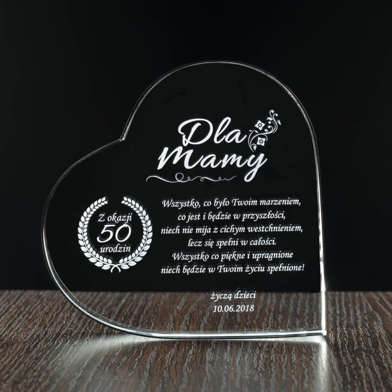 Kryształowe Serce na 50. Urodziny Mamy - Grawerowana Pamiątka