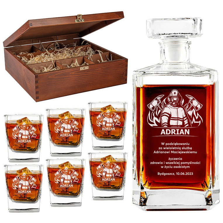 Karafka i 6 szklanek z grawerem PODZIĘKOWANIA STRAŻAKOWI ZA SŁUŻBĘ
