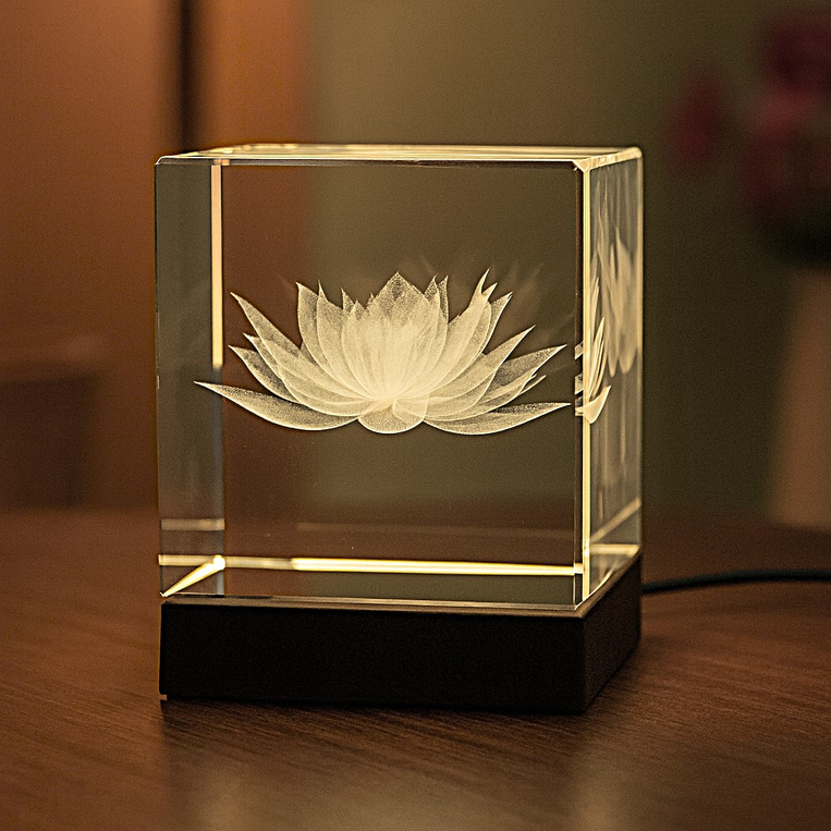 Fotolampka 3D z grawerem lilii w krysztale + podstawka LED
