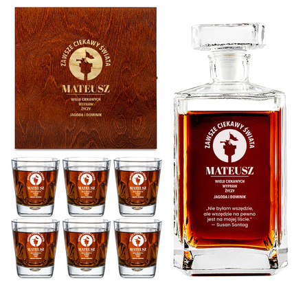 Grawerowana KARAFKA I 6 SZKLANEK w skrzynce na PREZENT NA IMIENINY