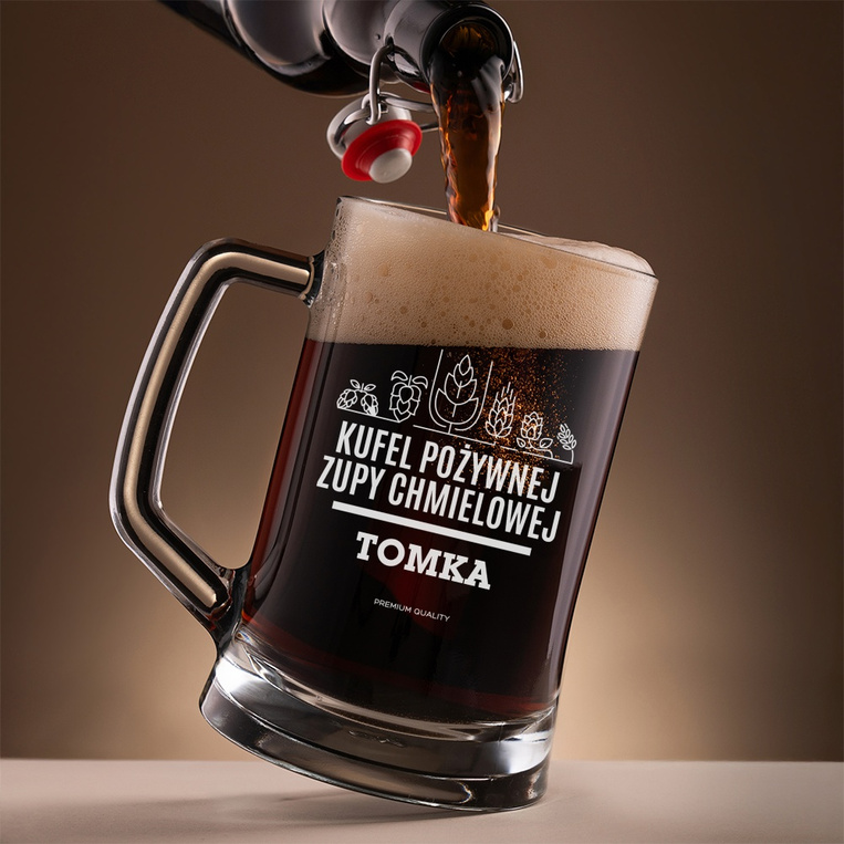 Szklany kufel do piwa z grawerem KUFEL POŻYWNEJ ZUPY CHMIELOWEJ + IMIĘ