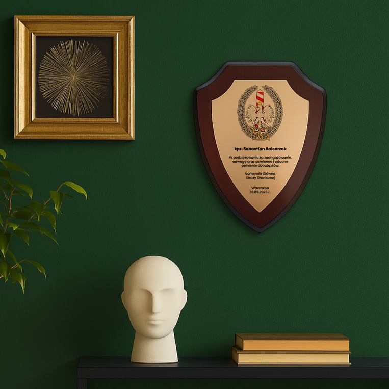 Dyplom tarcza dla żołnierza Straży Granicznej. Podziękowania Gratulacje