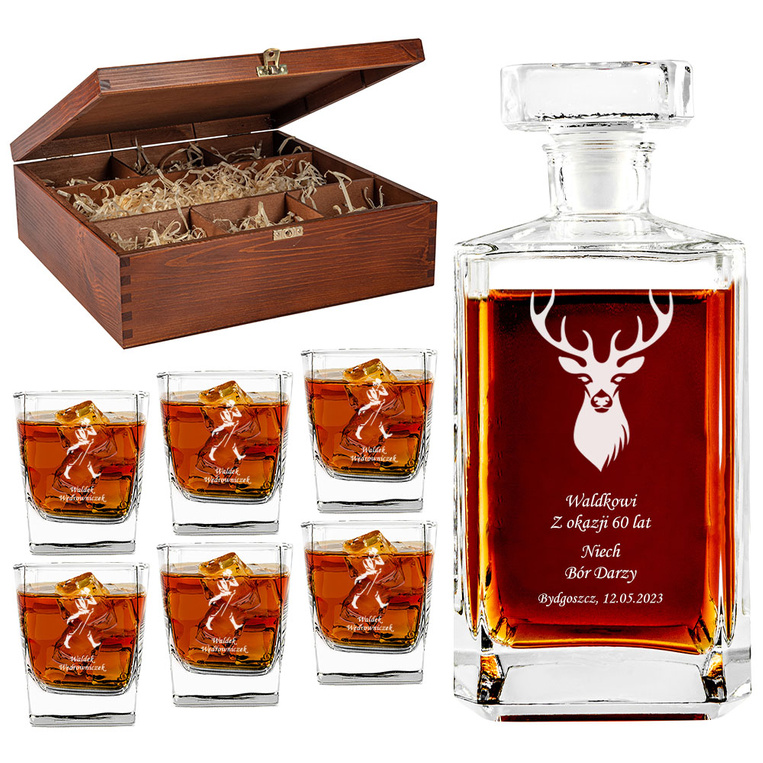 Zestaw Karafka + 6 Szklanek i Skrzynka z grawerem DLA MYŚLIWEGO
