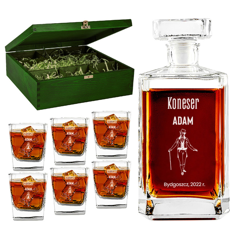Zestaw do whisky z grawerem - Karafka + 6 szklanek w drewnianej skrzynce