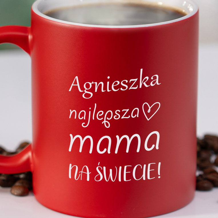 Czerwony kubek ceramiczny z grawerem DLA MAMY – Dzień Matki, imieniny, święta