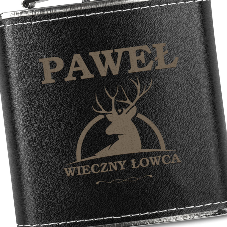 Piersiówka DLA MYŚLIWEGO z grawerem na skórze WIECZNY ŁOWCA + IMIĘ