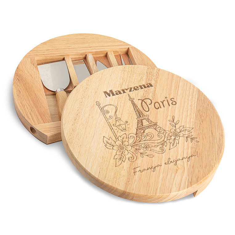 Deska do serów z nożami grawerem FRANCJA ELEGANCJA na prezent DLA NIEJ