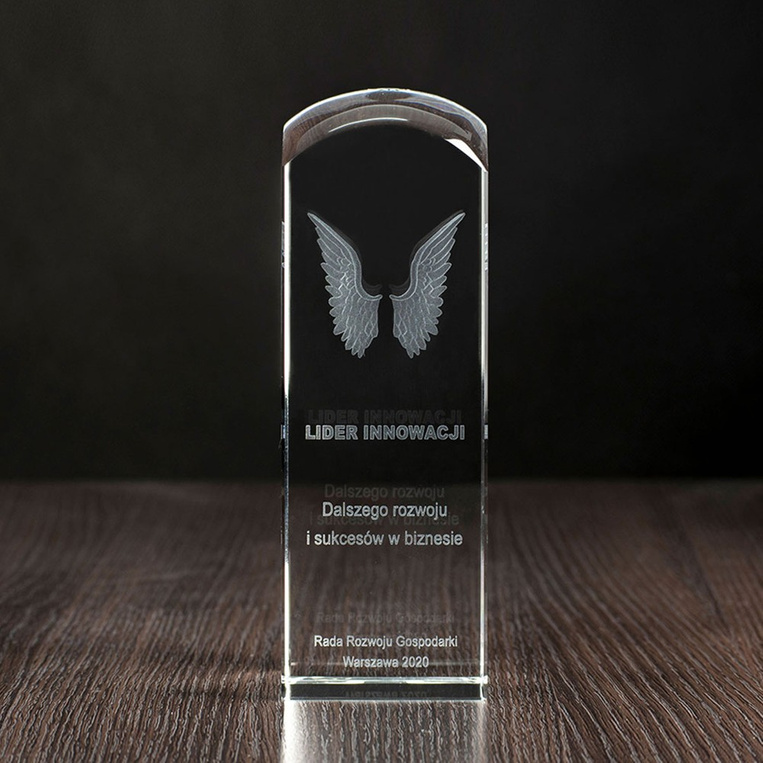 Nagroda za INNOWACJE - skrzydła 3D wygrawerowane w szkle