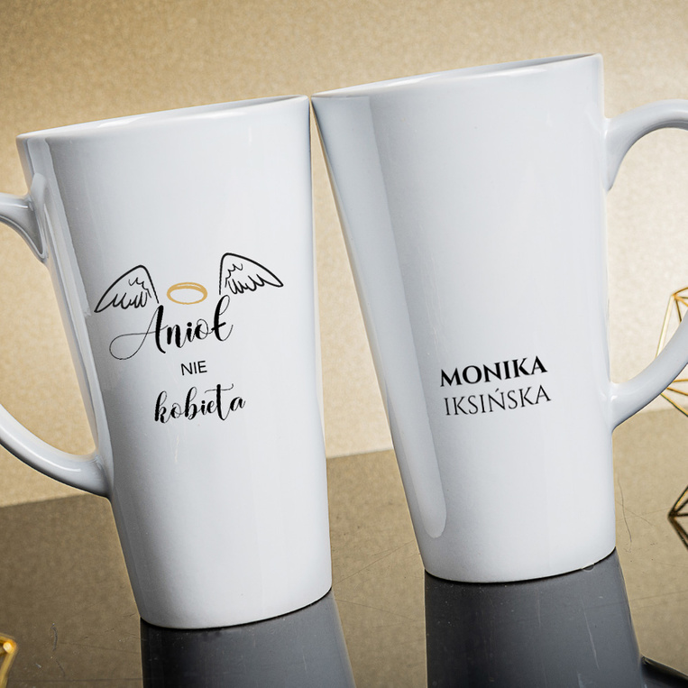 Kubek Latte duży z nadrukiem ANIOŁA NIE KOBIETA + IMIĘ i NAZWISKO