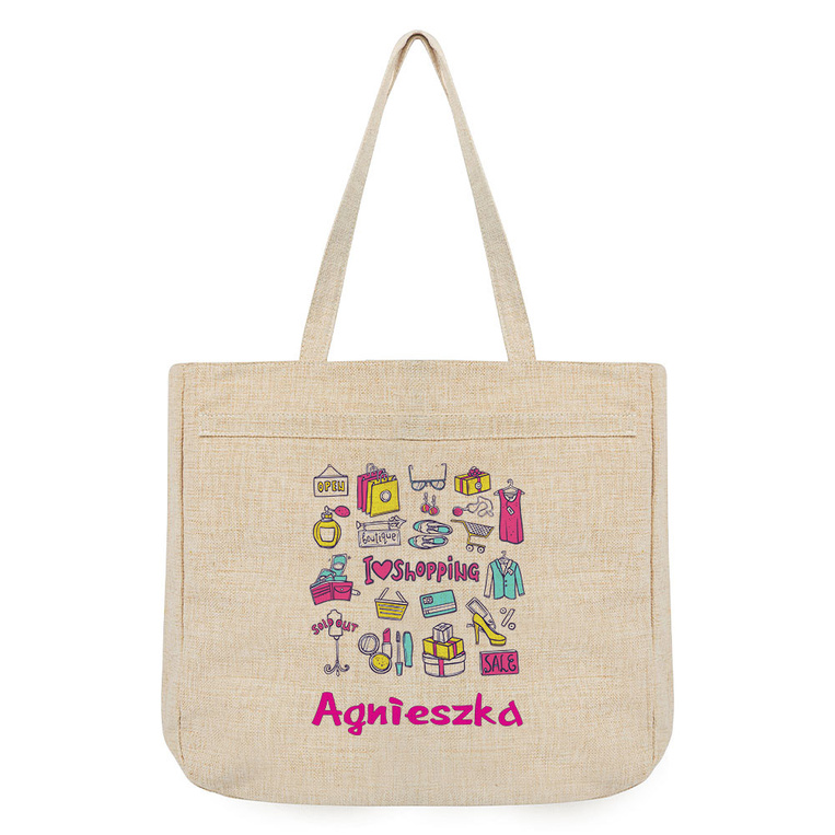 Torba na zakupy bezowa I LOVE SHOPPING z nadrukiem IMIENIA