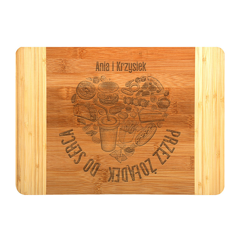 PREZENT DLA PARY deska do krojenia z grawerem PRZEZ ŻOŁĄDEK DO SERCA