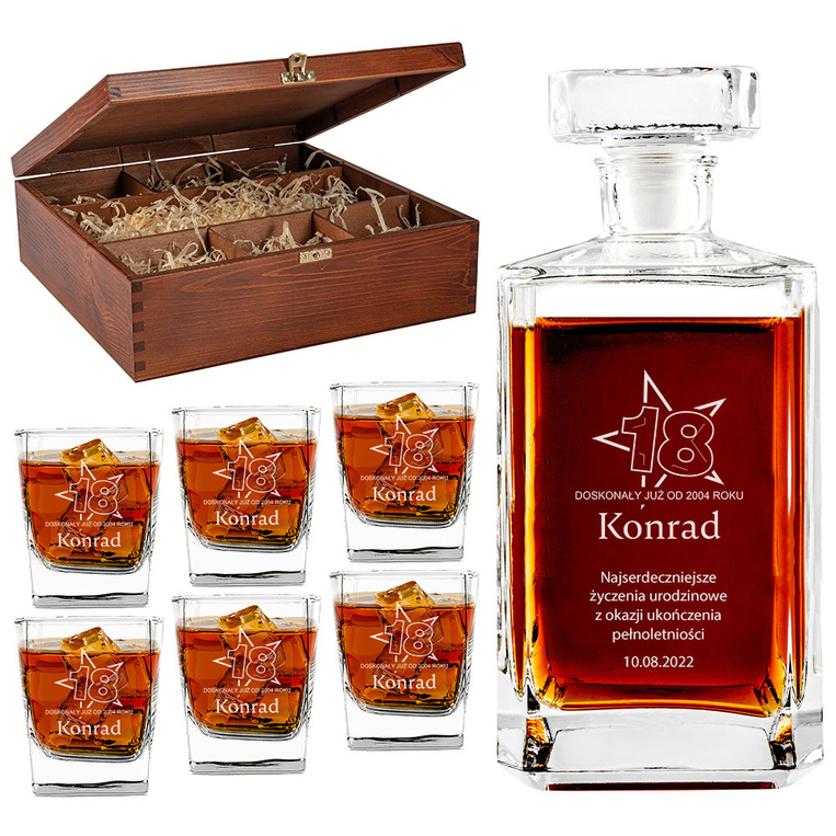 GRAWEROWANY ZESTAW karafka i 6 szklanek w drewnianej skrzynce NA 18 URODZINY