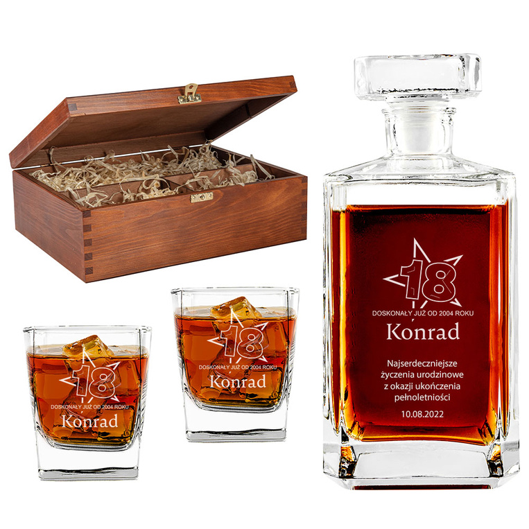ZESTAW DO WHISKY karafka i 2 szklanki NA 18 URODZINY drewniane etui
