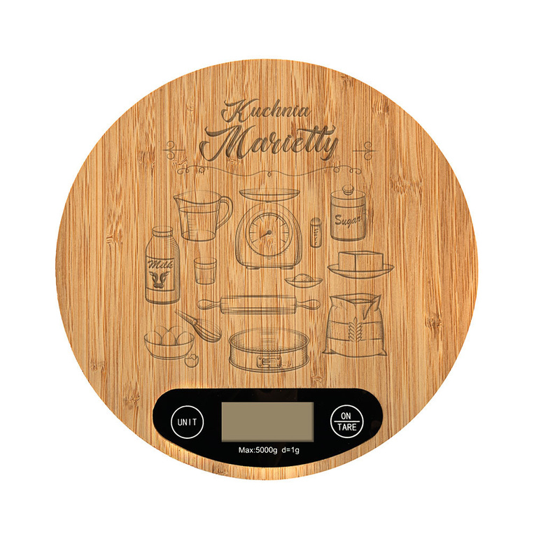 Waga kuchenna bambusowa z grawerem KUCHNIA MARIETTY prezent personalizowany IMIENINY