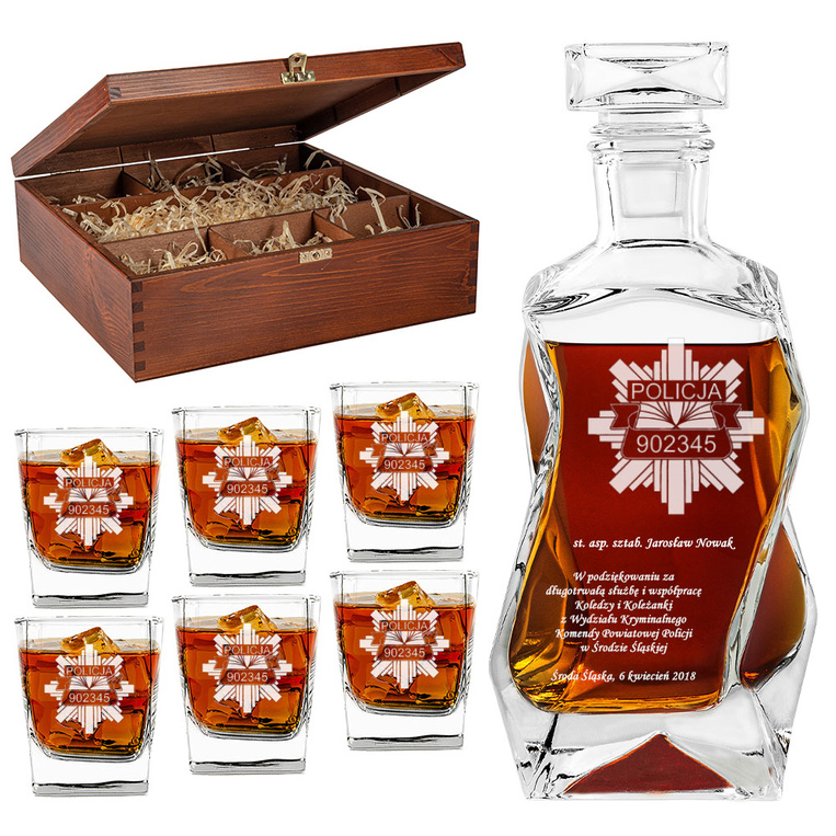 PERSONALIZOWANY ZESTAW karafka i 6 szklanek do whisky DLA POLICJANTA EMERYTURA AWANS