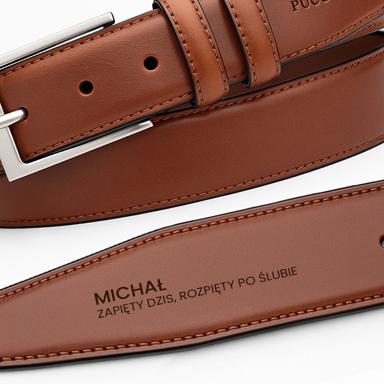 Skórzany pasek męski L 130 cm z grawerem ZAPIĘTY DZIŚ, ROZPIĘTY PO ŚLUBIE