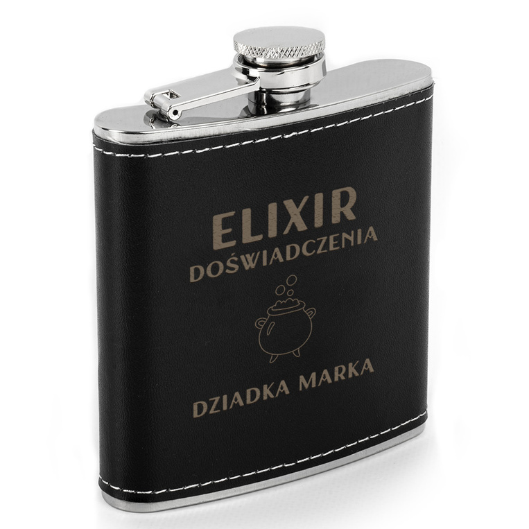 Piersiówka w skórze z grawerem ELIXIR DOŚWIADCZENIA DZIADKA + IMIĘ