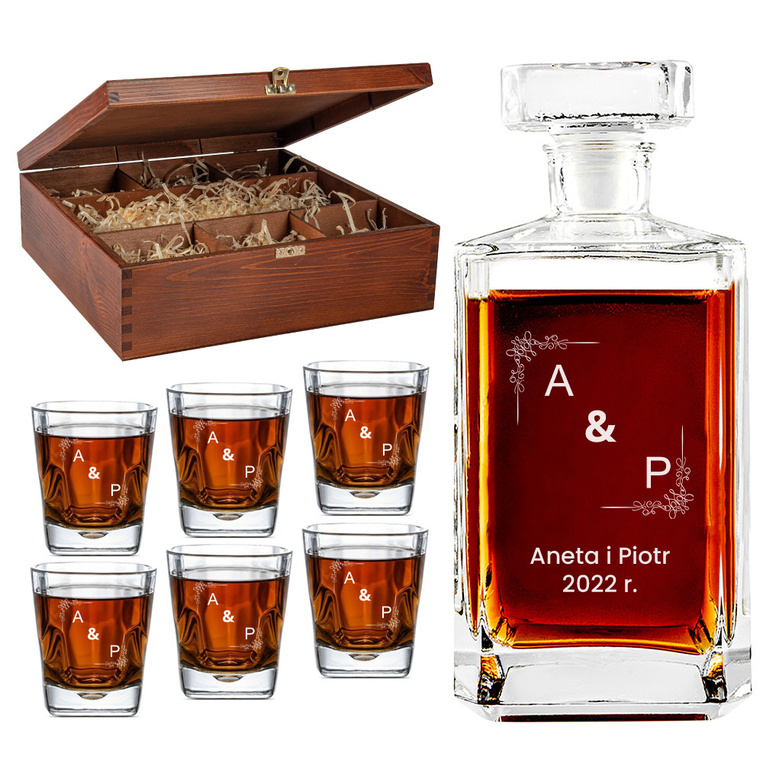 GRAWEROWANY KOMPLET karafka i 6 szklanek w drenianym etui NA ROCZNICĘ ŚLUBU