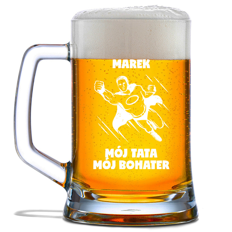 Kufel do piwa z grawerem MÓJ TATA, MÓJ BOHATER + imię na prezent na DZIEŃ OJCA