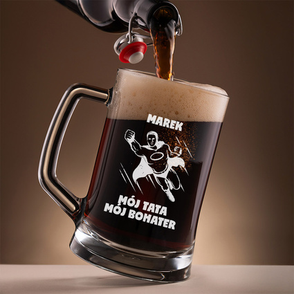 Kufel do piwa z grawerem MÓJ TATA, MÓJ BOHATER + imię na prezent na DZIEŃ OJCA