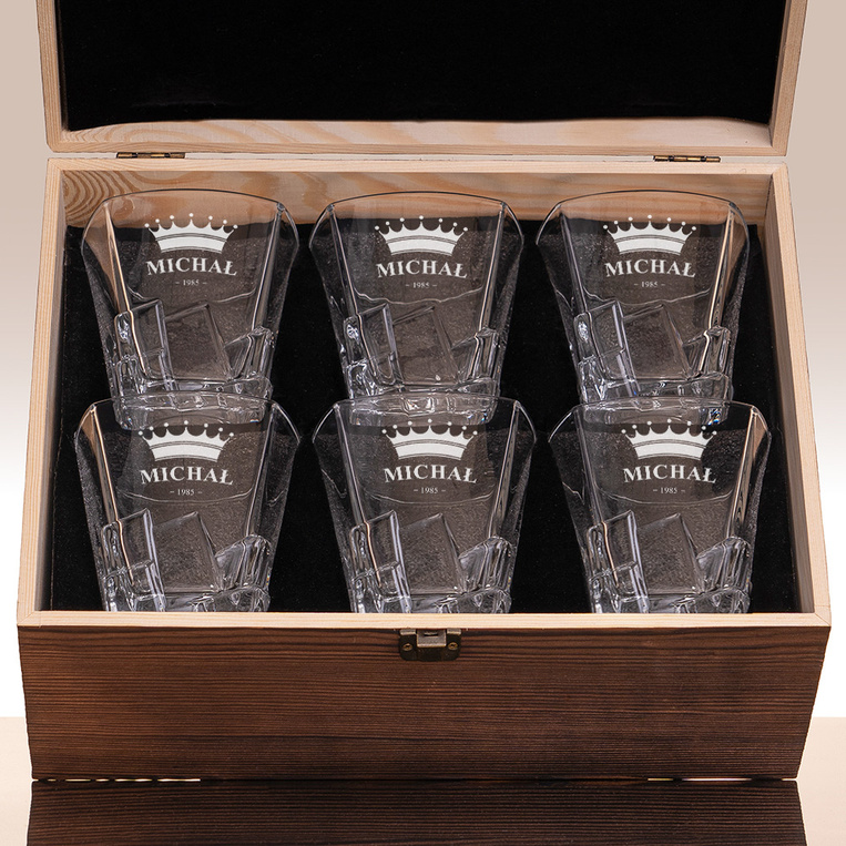 Zestaw 6 Szklanek Lodowych PREZENT Z OKAZJI URODZIN w drewnianym pudełku