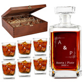 GRAWEROWANY KOMPLET karafka i 6 szklanek w drenianym etui NA ROCZNICĘ ŚLUBU