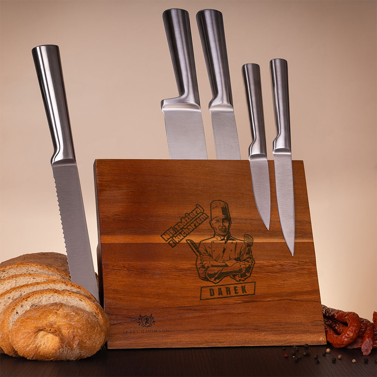 Zestaw noży z grawerowanym blokiem dla faceta – PREZENT Z HUMOREM na imieniny