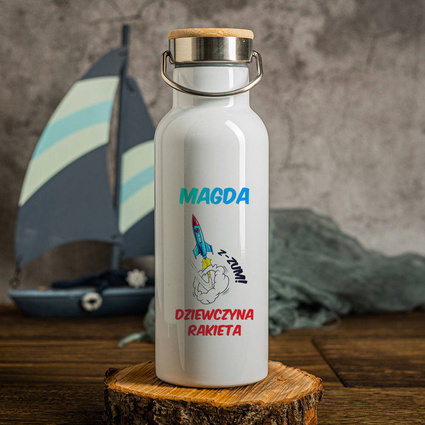 Butelka termiczna z korkiem bambusowym DZIEWCZYNA RAKIETA