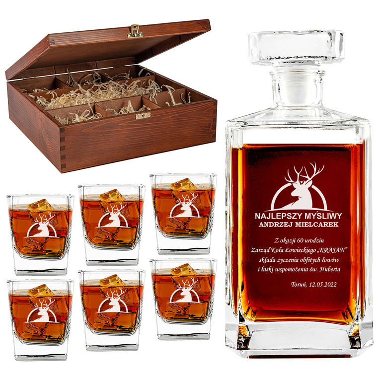 Grawerowany Zestaw Karafka + 6 Szklanek i Etui PREZENT DLA MYŚLIWEGO