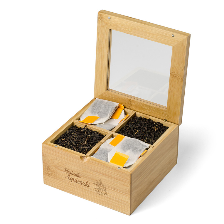Grawerowane pudełko na herbatę personalizacja HERBATKI + IMIĘ dla niej