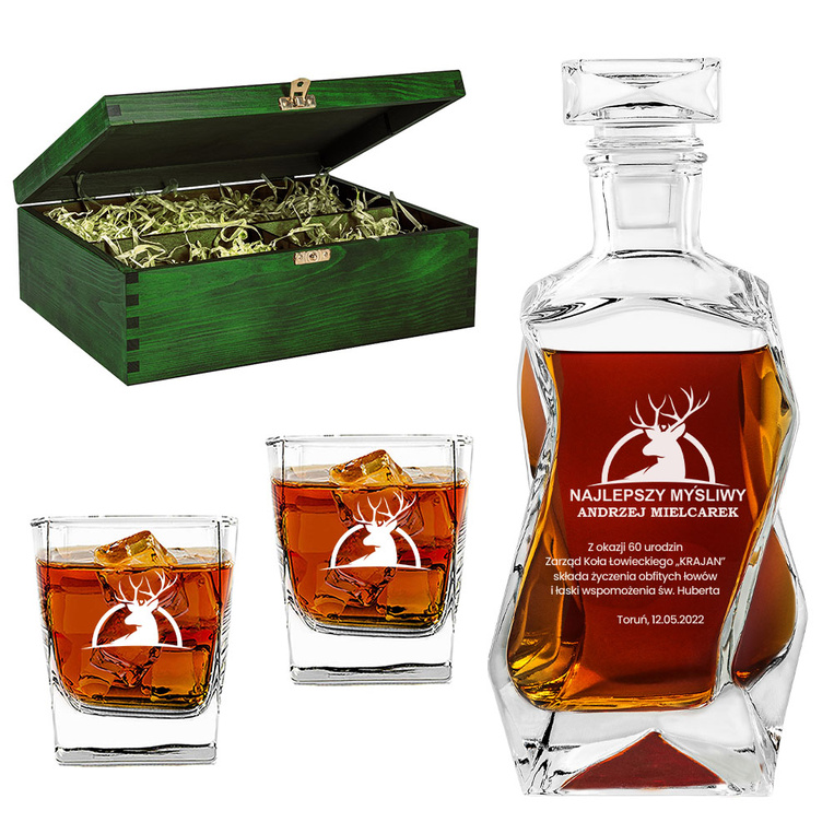Personalizowany zestaw do whisky z grawerem DLA MYŚLIWEGO - karafka + szklanki