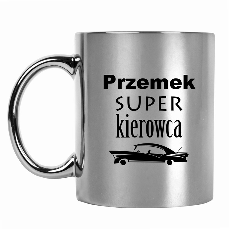 PERSONALIZOWANY kubek srebrny z nadrukiem SUPER KIEROWCA + IMIĘ