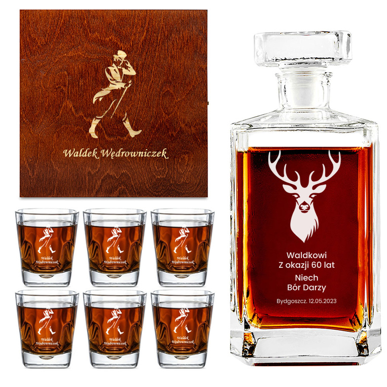 Zestaw Karafka + 6 Szklanek i Skrzynka z grawerem DLA MYŚLIWEGO