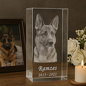 Kryształowa statuetka z grawerem 3D pupila – elegancka pamiątka po psie lub kocie