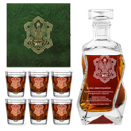 Personalizowana karafka i szklanki w skrzynce – prezent dla pracownika WAT