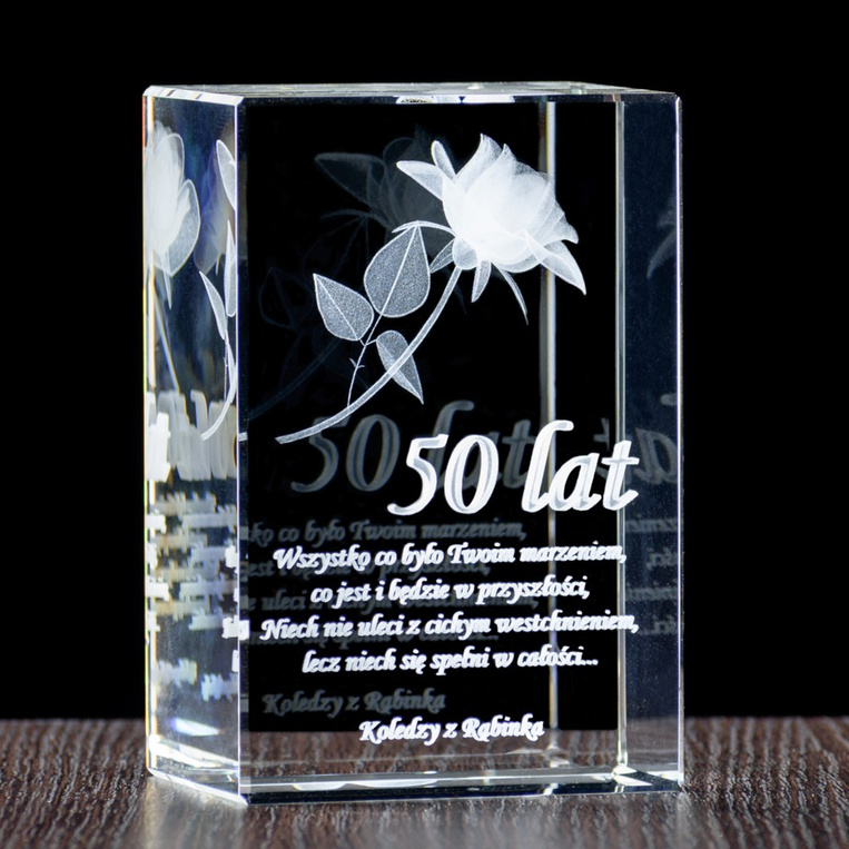 Trójwymiarowa róża z dedykacją wygrawerowana w szkle | STATUETKA 3D