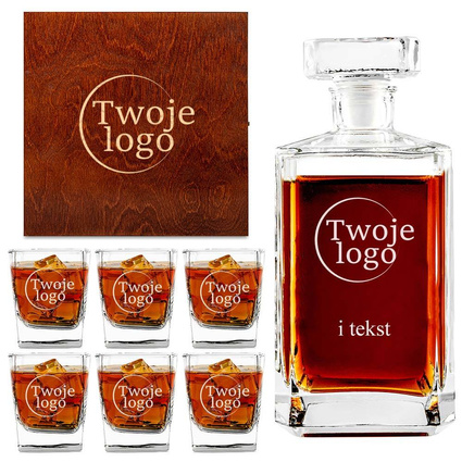 Firmowa karafka i 6 szklanek drewniana skrzynka GRAWER LOGA i TEKSTU