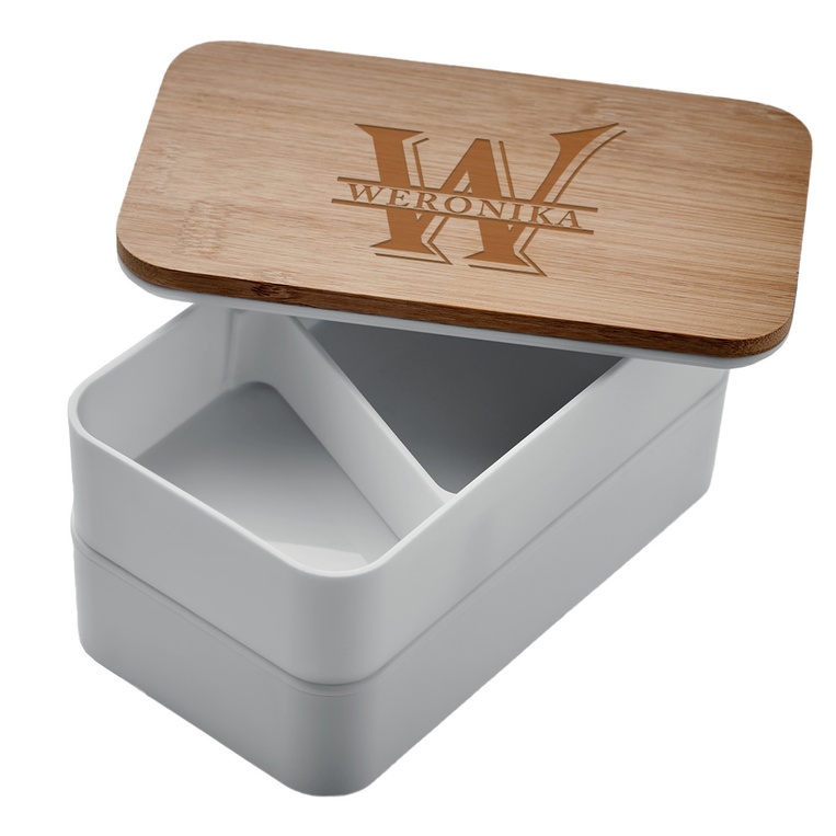 Lunch box biały z bambusową pokrywką GRAWEROWANY MONOGRAM