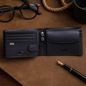 Skórzany Portfel czarny ETNA PUCCINI tłoczone INICJAŁY prezent z klasą