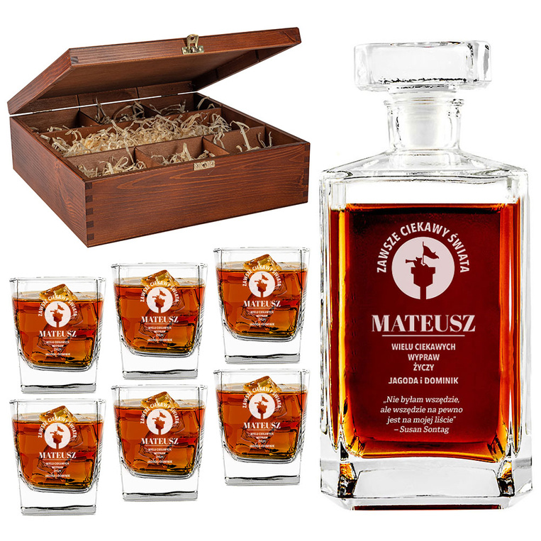 Grawerowana KARAFKA I 6 SZKLANEK w skrzynce na PREZENT NA IMIENINY