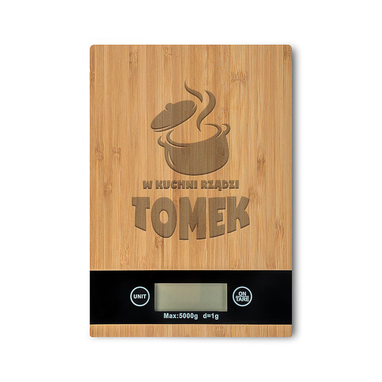 Waga kuchenna prostokątna z grawerem W KUCHNI RZĄDZI + IMIĘ
