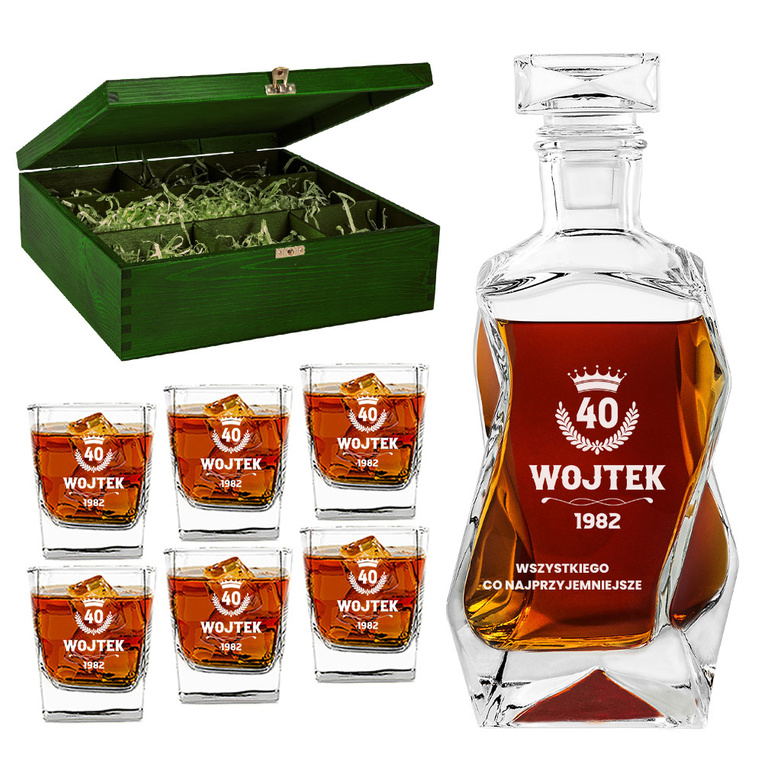 Personalizowany zestaw do whisky z karafką i szklankami - prezent na 40 urodziny