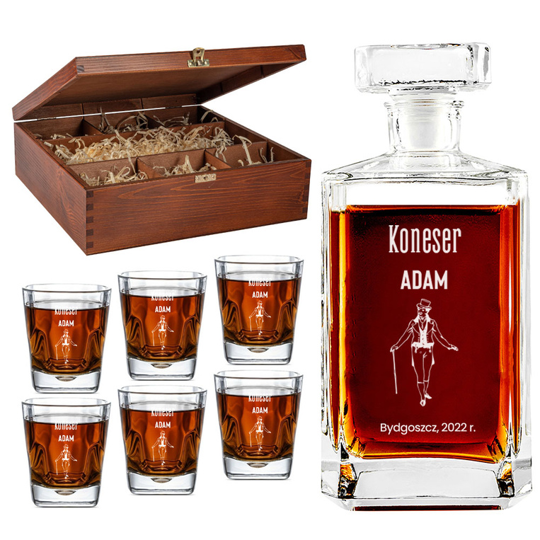 Karafka i 6 szklanek w drewnianej skrzynce z grawerem DLA KONESERA WHISKY