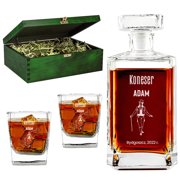 Zestaw do whisky z grawerem w drewnianej skrzynce - PREZENT DLA KONESERA WHISKY