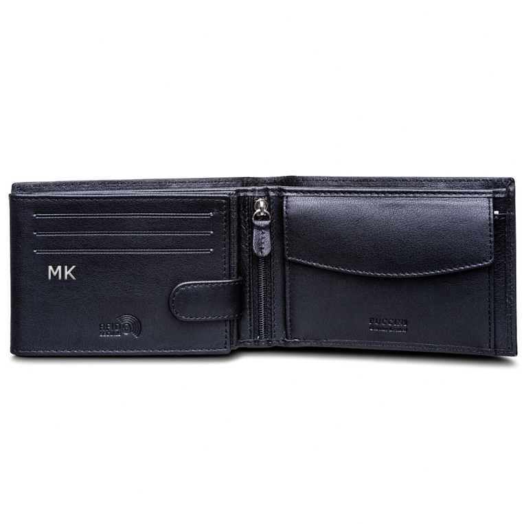 Skórzany Portfel czarny ETNA PUCCINI tłoczone INICJAŁY prezent z klasą