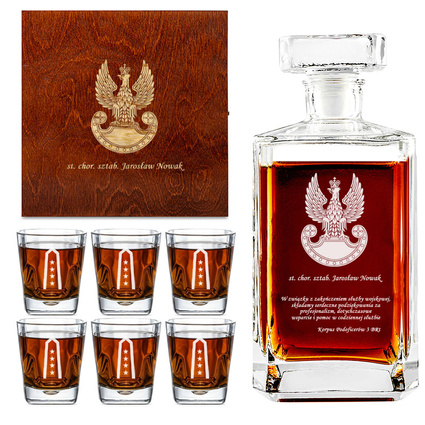 Grawerowany ZESTAW karafka i 6 szklanek w drewnianym pudełku DLA ŻOŁNIERZA