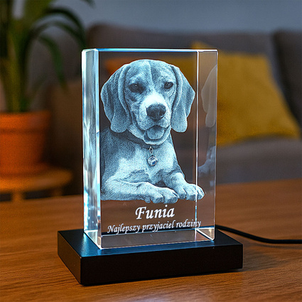 Zdjęcie 3D pieska w krysztale z podstawką LED – fotolampka 3D