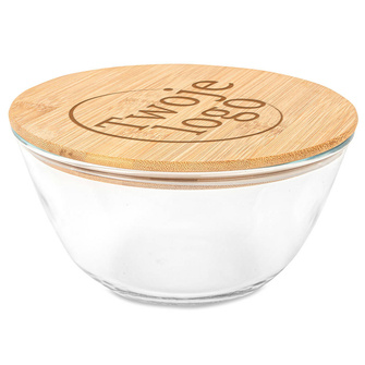 Szklana salaterka z bambusowym wieczkiem Grawer Twojego Loga